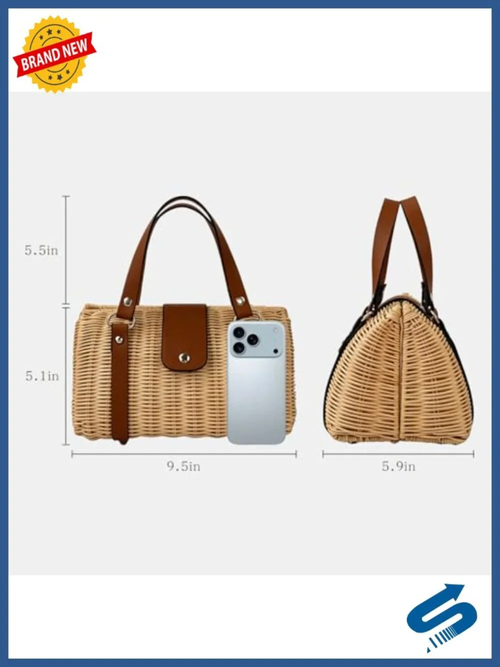 Structured Rattan Straw Tote Bag with Reinforced Handles, Woven Satchel Handbag